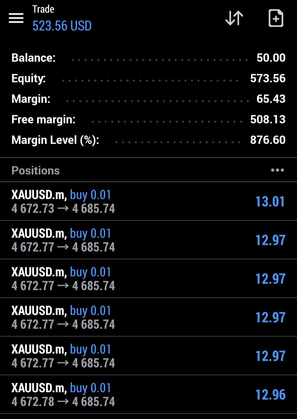 PythonX live MT5 trading result on a real account